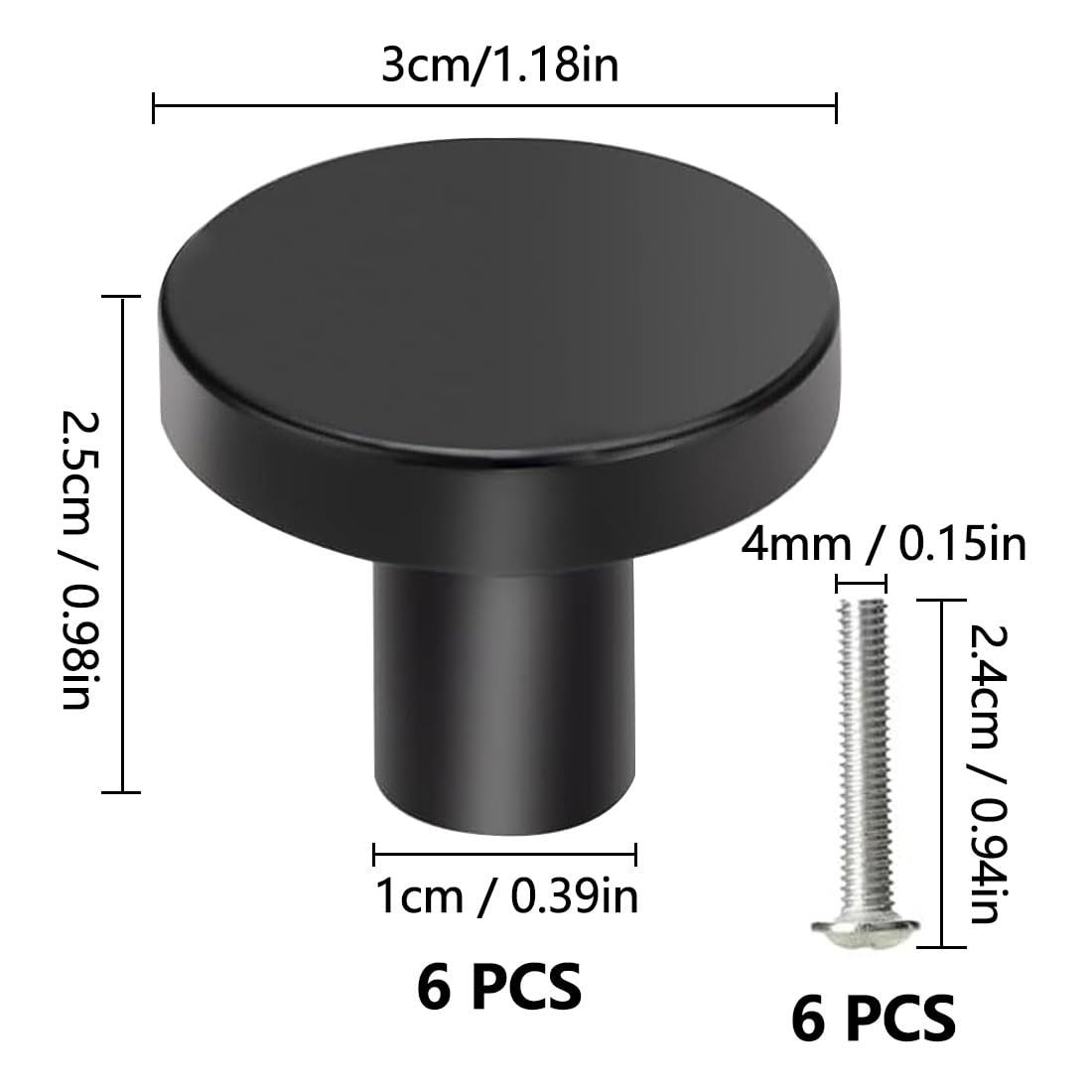 SHSMPXOY 6 PCS Drawer Knobs,30mm Kitchen Cupboard Door Knobs,Modern Cabinet Knobss,Kitchen Cupboard Knobss Door Handles,Stainless Steel Single Hole Handle with Screws for Home Decorating(Black) - Image 2
