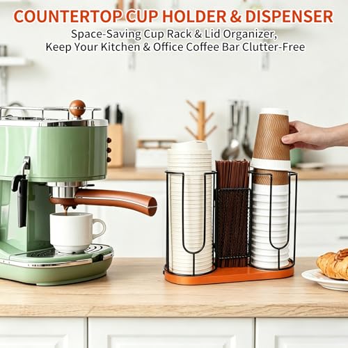 Rehuei Coffee Cup Lid Holder Paper Cup Dispenser with Wooden Base, 3-in-1 Cup Dispenser Straw lid Organizer for Countertop Coffee Bar, Office, Kitchen — view 2