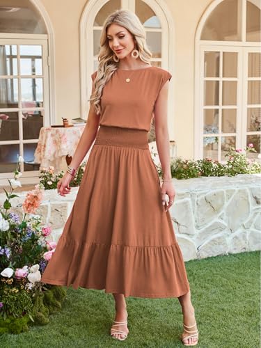 Image of Kikibell Womens Summer Dresses Cap Sleeve Elastic Waist Midi Dress with Pocket Long Causal Sundress Beach Vacation Outfits