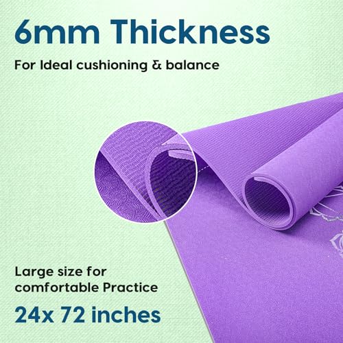 Image of WiseLife 7 chakra Printed 6MM Yoga Mat + Yoga Strap For Men, Women, Kids | Anti-Slip Extra thick, long & Wide Exercise Sports Mat for Workout, Fitness, Yoga, Gym, Home & Pilates (Purple-Chakra)