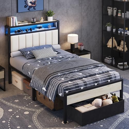Image of AMERLIFE Twin Bed Frame with LED Light and 2 Storage Drawers, Metal Platform Bed with Storage Headboard, Velvet Upholstered, Heavy-Duty Slats, No Box Spring Needed, Easy Assembly, White