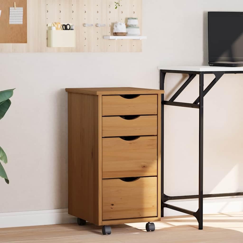 Rollschrank mit Schubladen Moss Honigbraun aus Massivholz Kiefer, Büroorganisation und Flexibler Stauraum für Dokumente und Akten, Schreibtischunterbau mit Rollen