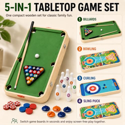 Miosea 5 in 1 Tabletop Game Set for Kids Boys Girls, Wooden Mini Pool Table with Billiards, Bowling, Hockey, Curling & Sling Puck, Compact Multi Game Table for Home, Playroom, Family Game Night