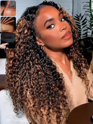 Image of KLAIYI Ombre Brown Water Wave Bye Bye Knots Glueless Wig Human Hair Pre Cut 7x5 Lace Front Wigs Drawstring Pre Plucked Bleached Highlight Balayage Curly Ready to Wear and Go Wig with Dark Roots 26Inch