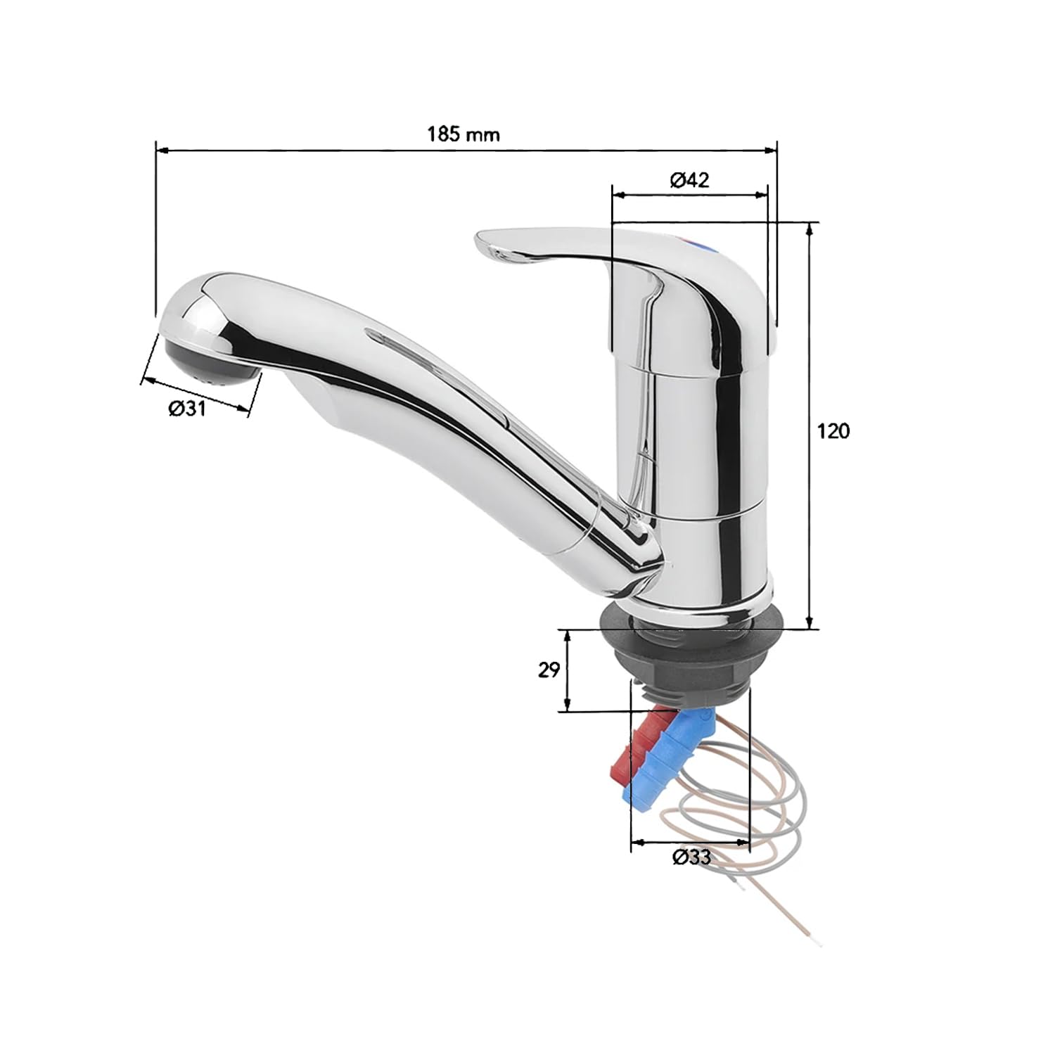 Zimno-ciepła bateria mieszakowa ceramiczna Carino 12 V Ø 33 mm chrom bateria kempingowa do przyczepy kempingowej