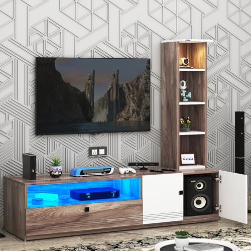 Image of Anikaa Sprax Engineered Wood Floor Standing Modern TV Unit with LED Light for Living Room | 2-Door & Open Box Cabinet with Side Shelf Storage | Ideal for Up To 55 inch | (Coachwood /White) DIY Installation