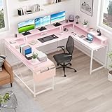 Jojoka U-Shaped Computer Desk with Power Outlets & RGB LED Lights - Reversible l-Shaped Office Desk, Full Monitor Stand, Modern Home Office Workstation, 600lbs Capacity 79',Game Desk, Pink