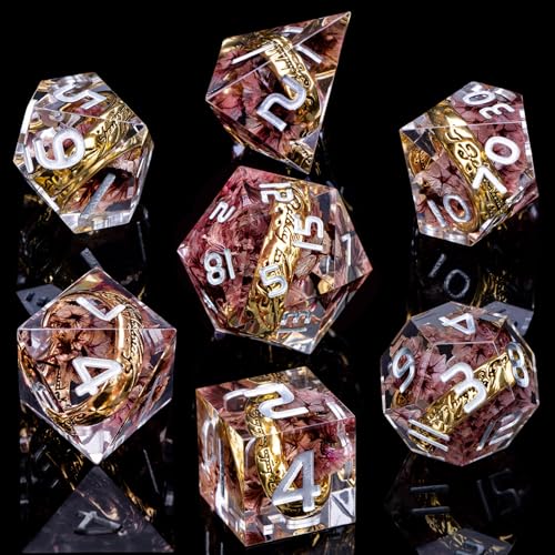 ORIFANTOU Magic Golden Ring DND Dice Set Sharp Edge Resin Dice with Case, Pink Flower Lord D and D Dice for use with D&D RPG Role Playing Games, Polyhedral Dice Set D20 D12 D10 D8 D6 by ORIFANTOU - Image 2