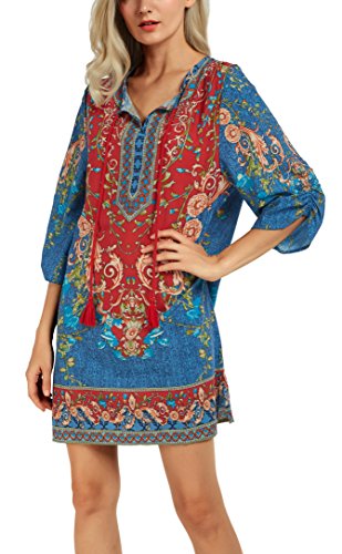 Image of Women Bohemian Neck Tie Vintage Printed Ethnic Style Summer Shift Dress
