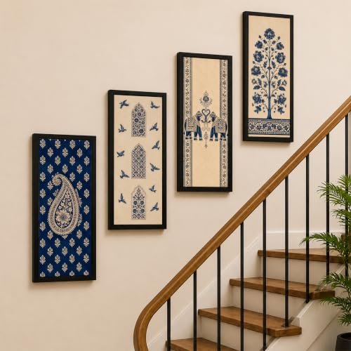 Image of Paintingmantra Indian Heritage Floral Framed Wall Art Painting For Living Room, Royal Elephant, Floral Tree Poster with Frame for Wall, Decoration item for Bedroom, Home, Set of 4, Size- 9.5x19.5 Inch
