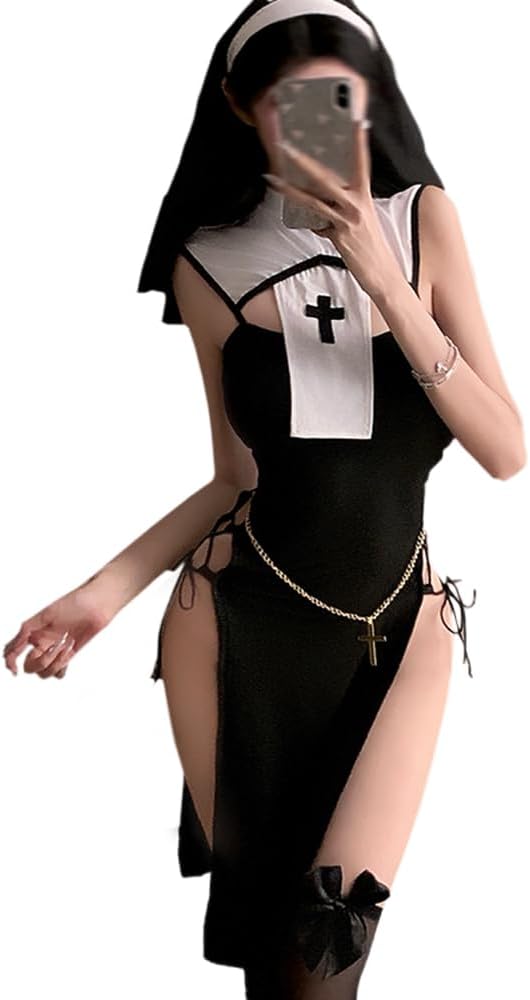 sexy nun costume outfit for women lingerie Dress Anime Cosplay Devil Naughty Mother Prayers Sister Roleplay high slit Skirt underwear Halloween Headpiece white black