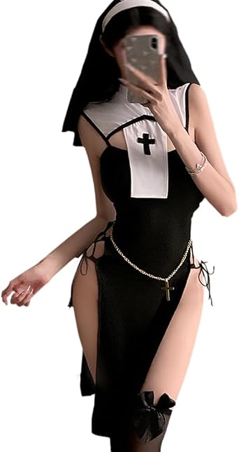sexy nun costume outfit for women lingerie Dress Anime Cosplay Devil Naughty Mother Prayers Sister Roleplay high slit Skirt underwear Halloween Headpiece white black