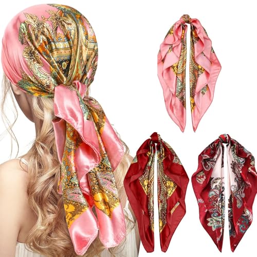 Fonyiunce 3 Pack Pañuelos Cabeza Mujer, Bufandas Cuadradas Grandes para Mujer, 90x90cm, Bufanda de Seda Simulada, Seda de Playa Estampado Clásico para Mujer, para Niñas