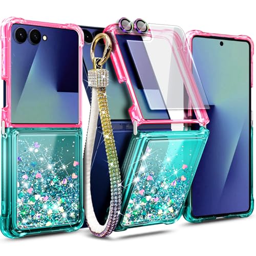 NGB Compatible with Samsung Galaxy-Z-Flip-7 Case Pink/Aqua | Glitter Liquid Sparkle Cute Cover for Women Girls | with Tempered Glass Screen Protector & Camera Lens Protector & Diamond Wrist Strap