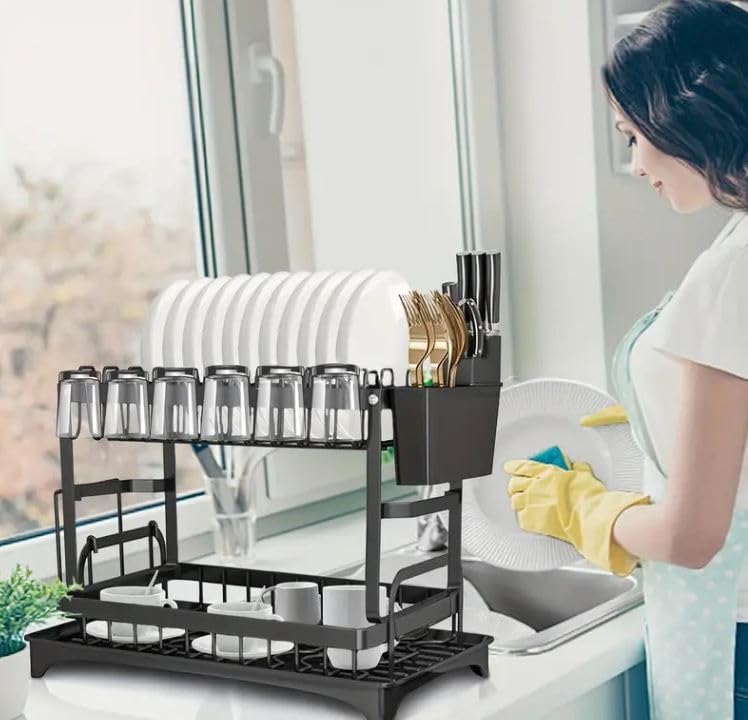 Image of YHK Dish Drying Rack, Rustproof Dish Racks for Kitchen Counter with Removable Utensil Holder,Knife Slots and Cups Holder,Large Capacity Drying Rack for Storage Plates Bowls Cups Utensil (YHK-02)