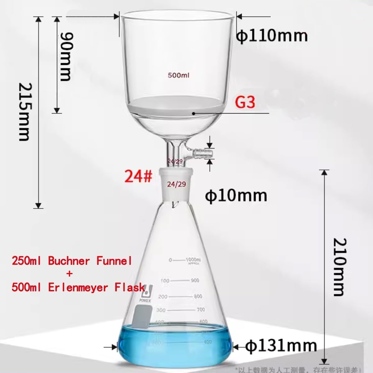 Kit De Filtrado De Embudo G3 Lab Buchner Aparato De Destilación De Filtración Al Vacío De Laboratorio con Embudo De Filtración De Núcleo De Arena Y Matraz Erlenmeyer, 250ml