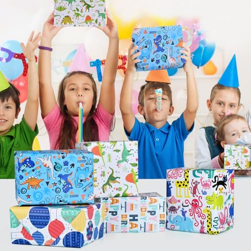 CHEPULA Geschenkpapier Geburtstag Kinder 5 Rollen, 43 x 300 cm Geschenkpapierrollen Junge, Recycelbar Geschenk Papier Birthday Gift Wrapping Paper für alle Geburtstagsanlässe