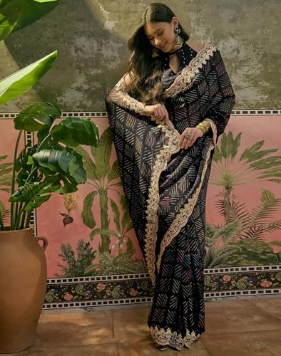 Image of SIRIL Women's Chiffon Scalloped Border Sequins Embroidery Saree with Unstitched Blouse Piece