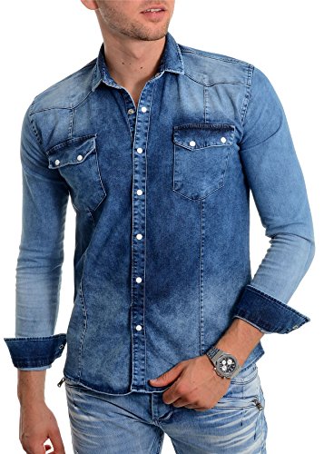 Camisa de Mezclilla Azul para Hombre, Tela Gruesa Manga Larga Botones de Metal