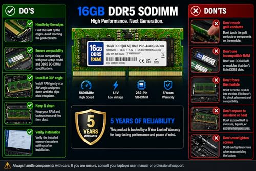 Image of 16GB DDR5 5600MHz OEM Laptop RAM Compatible with Samsung [Key Specs: PC5-44800 /5600B | 262-Pin SO-DIMM | CL46 | 1Rx8 | 1.1V | Non-ECC] | 5 Years Seller Warranty