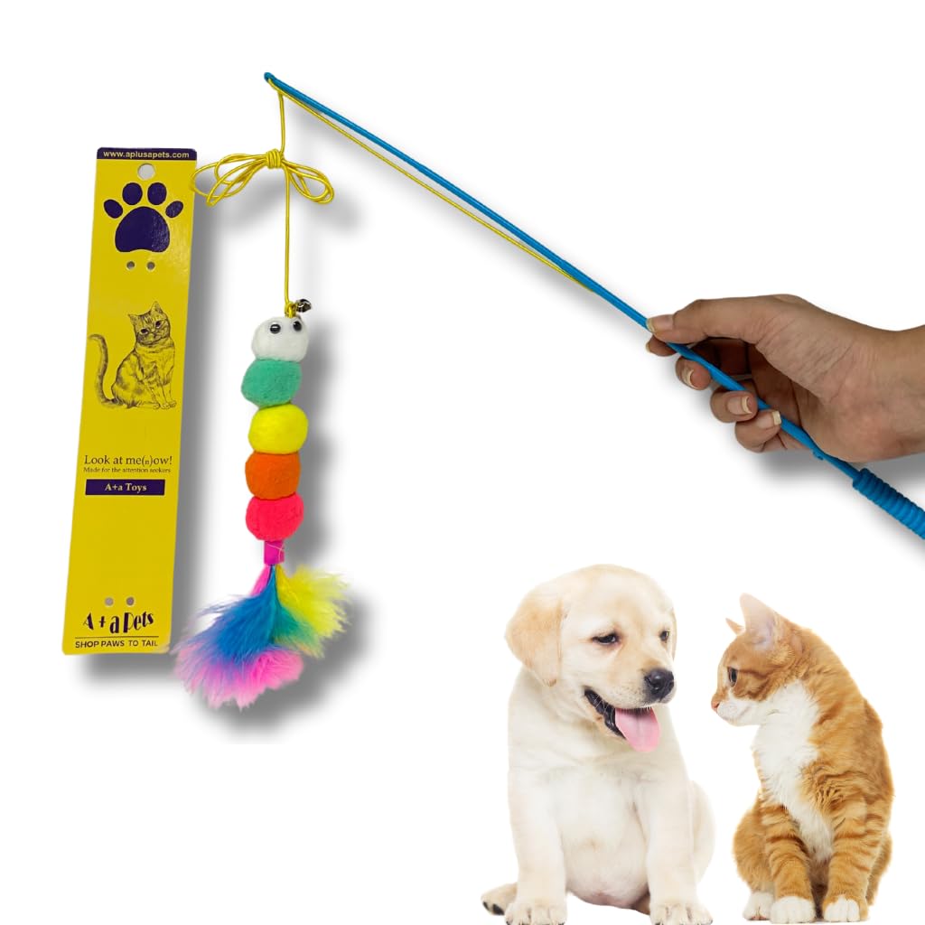 A+a Pets' Cat Wand Teaser Interactive Toy with Feather Tail Play Toy for Cats, Puppies, and Small Animals (Pom)