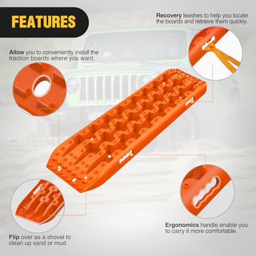 Image of Nilight Recovery Off-road Traction Boards Emergency Tire Mats For 4WD 4X4 Mud Sand Snow with 2PCS Mounting kit Zipper Bag 2 leashes (Orange)