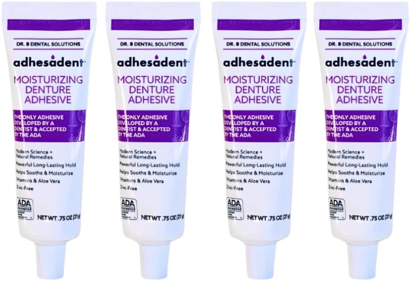 Adhesadent Moisturizing Denture Adhesive - Secure Denture Glue with Strong Grip & Natural Taste - Zinc-Free Dental Adhesive for Dentures - Travel Size 0.75 oz (4 Pack)