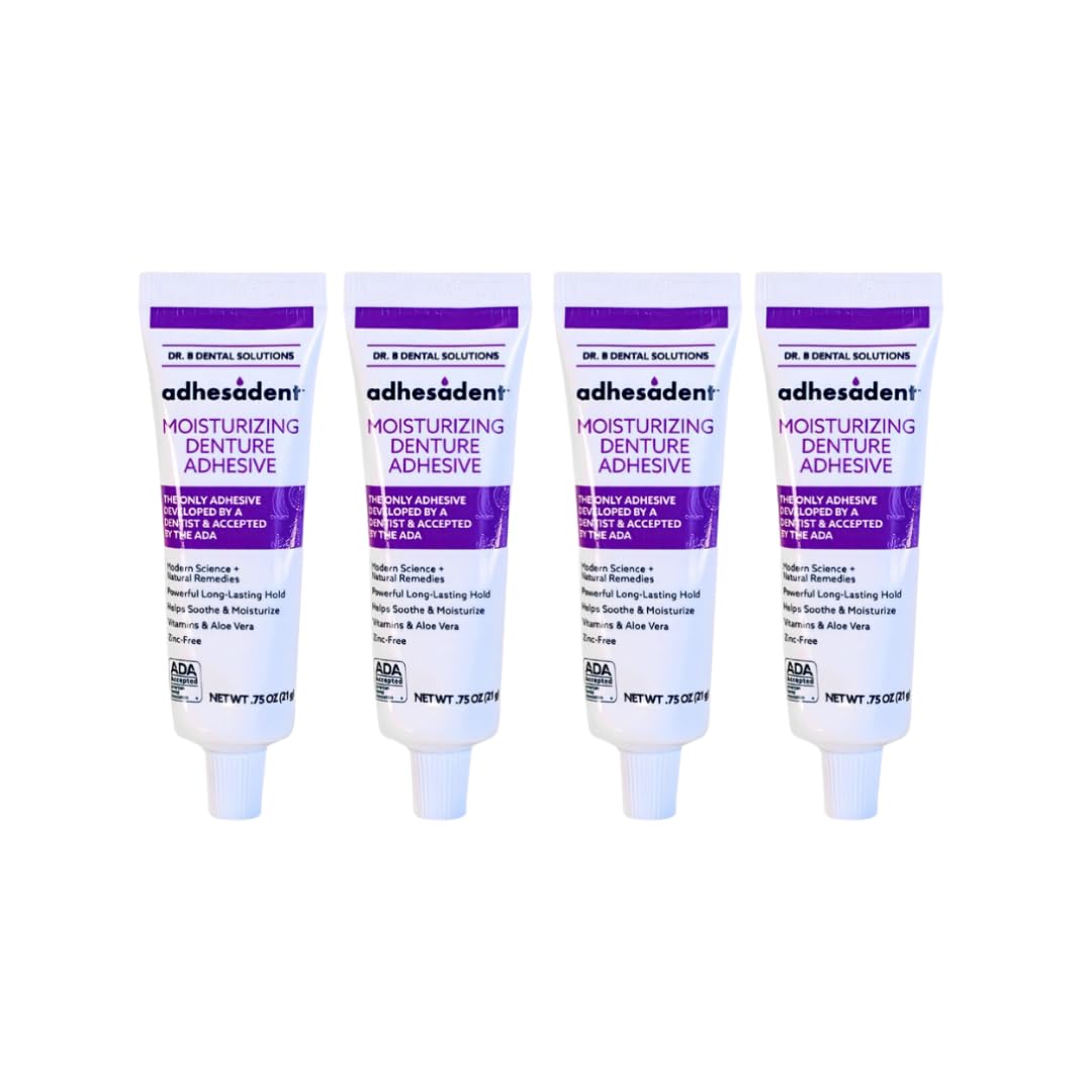 Dr. B Dental Solutions Adhesadent Moisturizing Denture Adhesive - Secure Denture Glue with Strong Grip & Natural Taste - Zinc-Free Dental Adhesive for Dentures - Travel Size 0.75 oz (4 Pack)