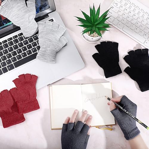 Image of SATINIOR 4 Pairs Winter Half Finger Gloves Knitted Fingerless Mittens Warm Stretchy Gloves for Men and Women