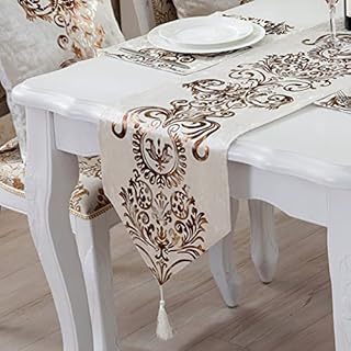 51buyoutgo White Table Runner, White Dining Coffee Table Runners UK for Centre Table, Gold Pattern Table Runner Tablerunner for Coffee Dining Table Decoration Decor 32 X 210 CM