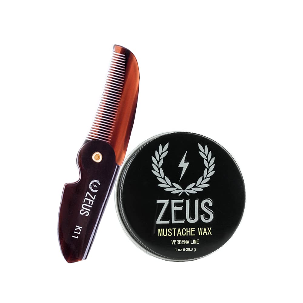 ZEUS Mustache Wax & Folding Mustache Comb Grooming Set for Men β Folding Mustache Comb & Natural Mustache Wax to Tame, Nourish Facial Hair
