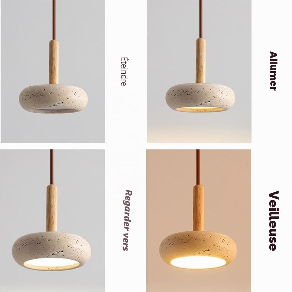 Suspension LED En Bois Lampe Suspendue Japonaise Wabi-Sabi Lustre À Trois Lumières Lampe Vintage Table À Manger Abat-jour Rond En Travertin Jaune Convient Pour Salle À Manger Cuisine Salon(A3)