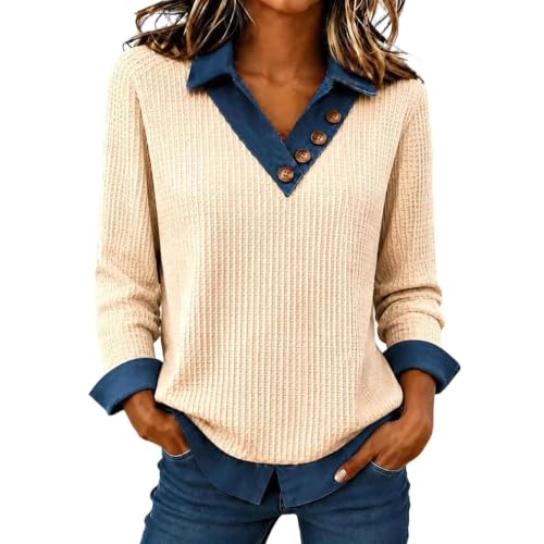 Womens Waffle Knit Tops Denim Contrast V Neck Long Sleeve Casual Shirts - image 2