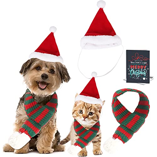 Katze Weihnachtsmannmütze mit Schal, Haustier Weihnachten Kostüm Set für Welpen Hund Katze Xmas Neujahr Party Dressup Cover