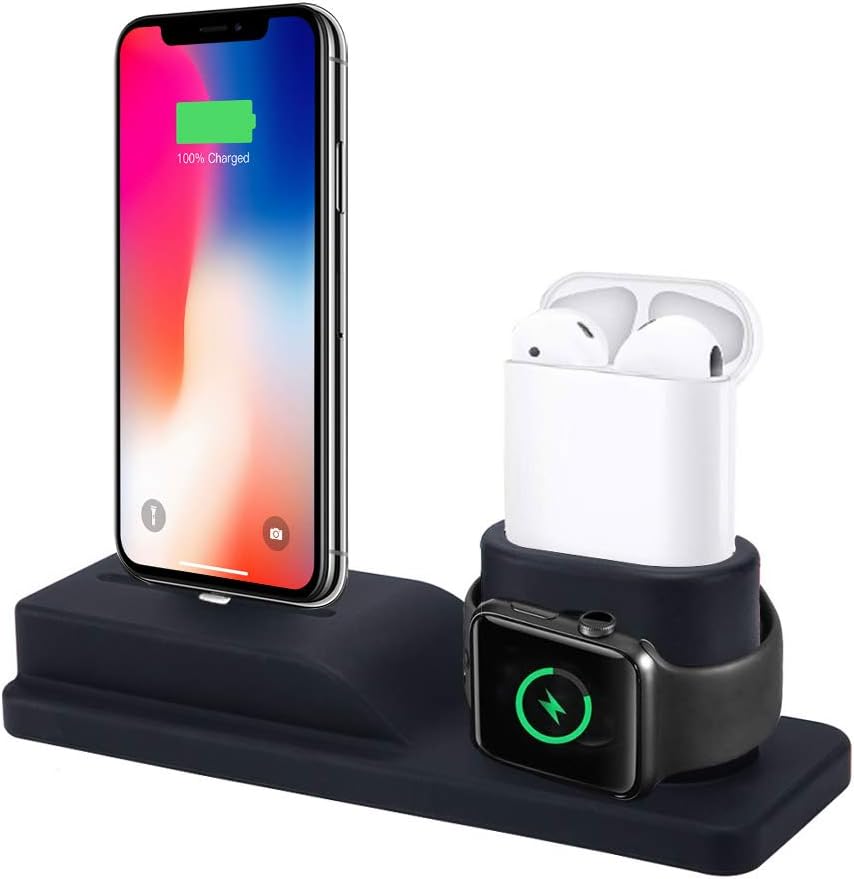 Charging Stand Compatible for Apple Watch, ECZO 3 in 1 Charging Station Silicone for iPhone X/ 8/8 Plus/ 7/7 Plus for Apple Watch Series 1/2/3 and for Airpods (Not Include Cable & Adapter)