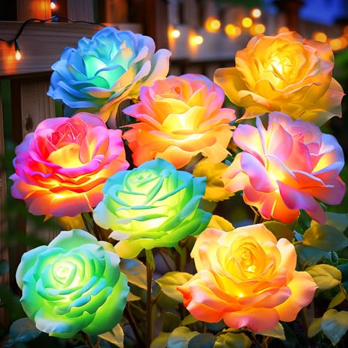 NESSTU Solar Rose Lights Outdoor: 4 Pack IP65 Waterproof 7-Color Changing LED Flower Stakes for Garden Pathway Patio Lawn Decorative - Auto On Off 10H+ Lighting