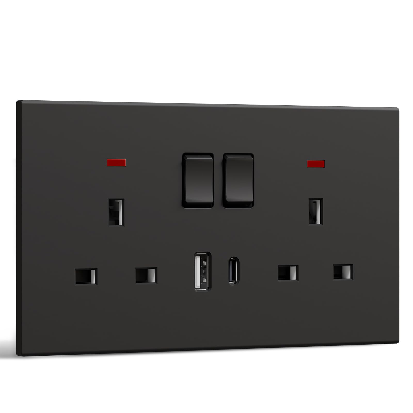 BSEED Double Socket with USB C, Electrical Double Switched Power Plug Wall Socket with LED Indicator, PC Wall Plate Outlet, Black, 13A