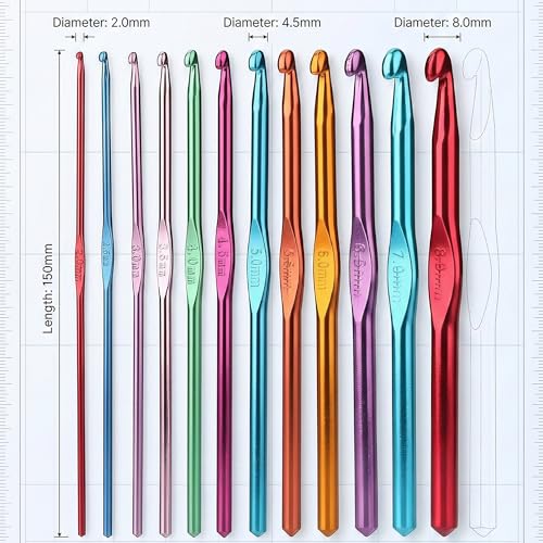 Image of CLAPONE Aluminum Crochet Hooks Set 2.0mm-8.0mm, Color-Coded Knitting Needles Kit, Smooth Metal Crochet Needles for Yarn Craft, DIY Weaving & Handmade Projects (Multicolor, 12 Piece Set)