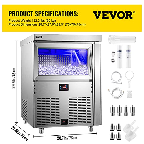 Vevor 110V Commercial Ice Maker Machine, 200Lbs/24H Stainless Steel Under Counter Ice Machine With 100Lbs Storage, 80Pcs Clear Cube, Auto Operation, Include Water Filter, 2 Scoops, Connection Hose #TOP5