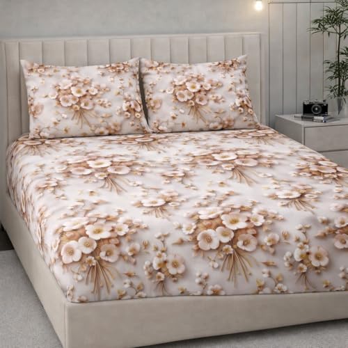 Image of Cotton Feel King Size Flat Bedsheet for Double Bed (90 x 100 Inches | 230 x 250 cm) with 2 Pillow Covers | Soft & Smooth Printed Bedsheet for Daily Use (Pinkflw 7D, King Bed-90x100)