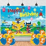 Pete and Cat Birthday Party Backdrop,Pete and Cat Birthday Party Decoration, Pete Cat Happy Birthday Banner Shoot Photo Backgrounds Props for Boys and Girls 5x3ft
