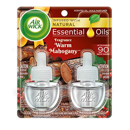 Air Wick plug in Scented Oil 2 Refills, Warm Mahogany, Holiday scent, Holiday spray, (2x0.67oz), Essential Oils, Air Freshener, Packaging May Vary
