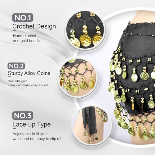 Belly Dance Hip Scarf, Women's Chiffon Belly Dancing Scarf with 128 Coins for Yoga Class3