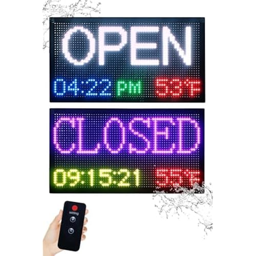 20”x11” Smart LED Open/Closed Sign Outdoor Waterproof, RGB Color Changing Backlight with Remote Control, Digital Alarm Clock, Calendar & Temperature Display - Use Retail Stores, Shops