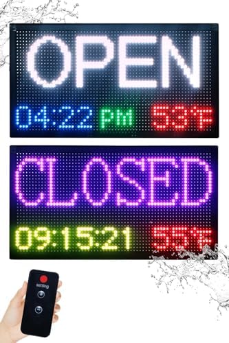 FTELEDLIGHT 20”x11” Smart LED Open/Closed Sign Outdoor Waterproof, RGB Color Changing Backlight with Remote Control, Digital Alarm Clock, Calendar &