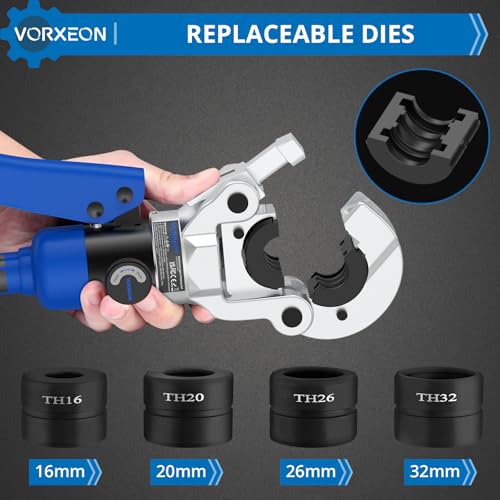 VORXEON Crimping Pliers 8 Tons Hydraulic Crimping Pliers TH Contour 4 Sets of Crimping Dies TH16 TH20 TH26 TH32 with 360° Rotating Head Pipe Crimping Pliers for Copper Pipe Composite Pipe Copper - Image 2
