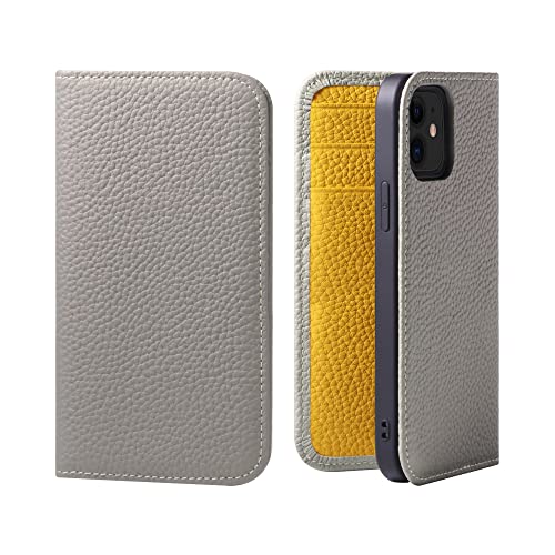 【Amazon限定ブランド】 SACHKURA iPhone 13 mini 対応 手帳型 ケース レザー 本革 シュリンクカーフレザー 牛革 マグネット無し 耐衝撃 手帳 メンズ レディース グレージュ&イエロー