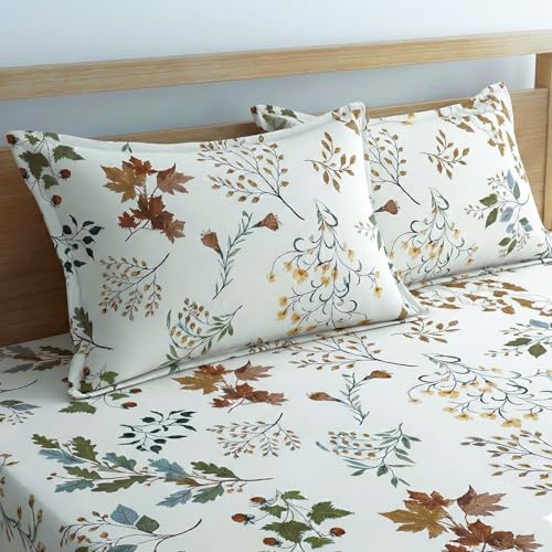 Image of Home Sizzler Microfibre Autumn Floral Printed All-Around Elastic Fitted King Size Bedsheet (72 X 78) with 2 Pillow Covers - White /Earthy Tones