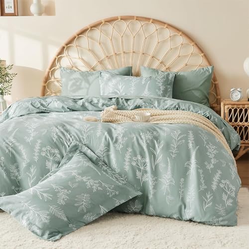 MUXHOMO Duvet Cover Full Size, Reversible Floral Green Duvet Cover Set with Zipper Closure, 3 Pieces Botanical Patterns Soft Microfiber Bedding Set with 4 Ties (80"x90", 2 Pillow Cases)
