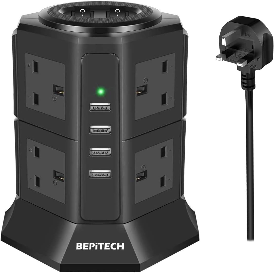BEPiTECH 12in1 Extension Tower with 8 UKUAE Power Sockets and 4 USB